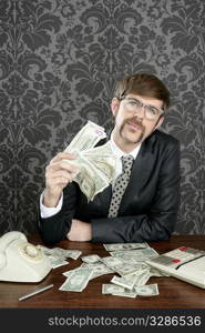 businessman nerd accountant dollar notes on vintage wallpaper office