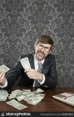 businessman nerd accountant dollar notes on vintage wallpaper office