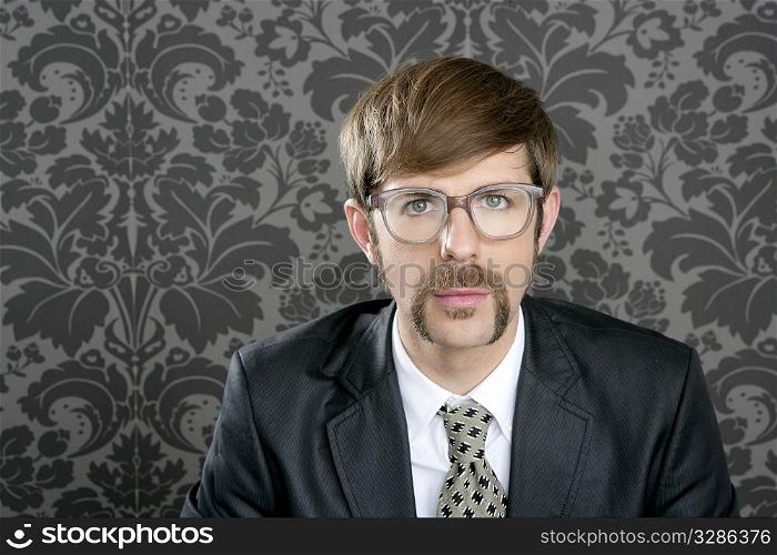 businessman nerd retro glasses geek portrait on vintage wallpaper