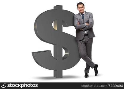 Businessman next to dollar sign isolated on white