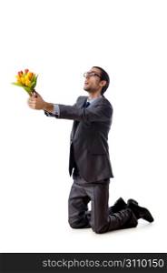 Businessman offering tulip flowers