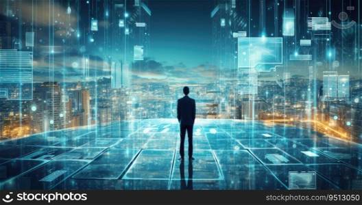 Businessman on abstract city background with binary code