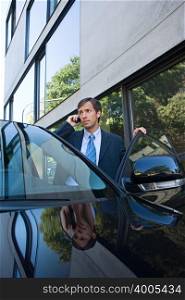 Businessman on cell phone by car