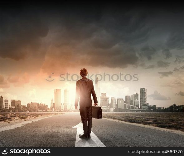 Businessman on road. Rear view of businessman with suitcase standing on road
