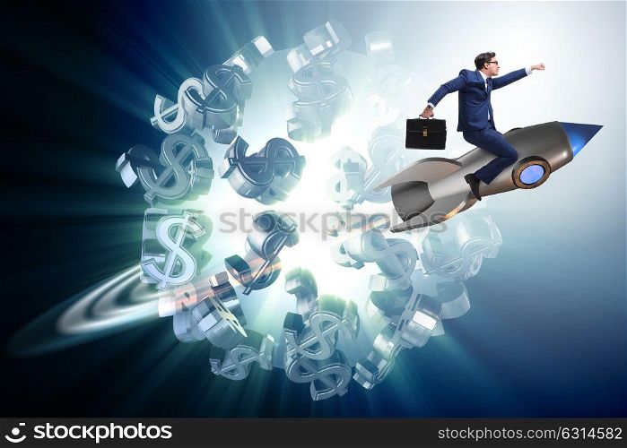 Businessman on rocket flying around dollar