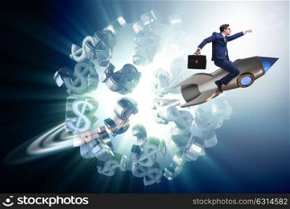 Businessman on rocket flying around dollar