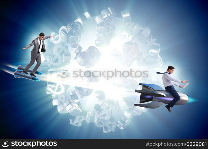 Businessman on rocket flying around dollar