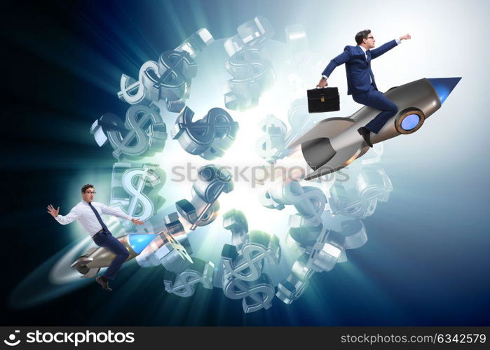 Businessman on rocket flying around dollar