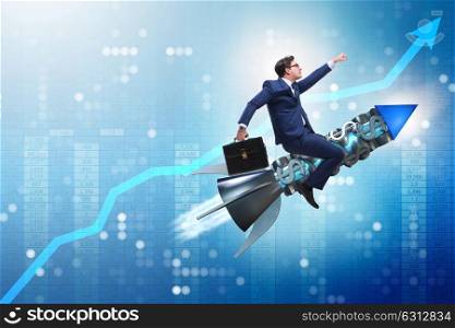 Businessman on rocket in trading concept
