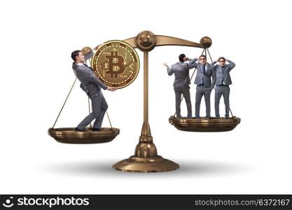 Businessman on scales with bitcoins and other businessmen
