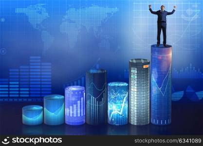 Businessman on the bar charts in business concept
