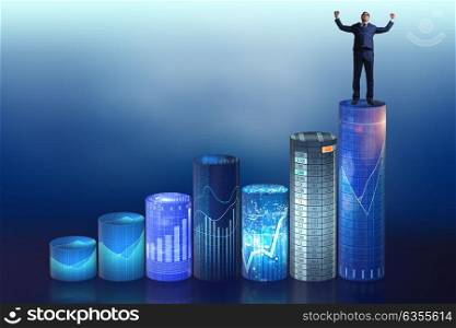 Businessman on the bar charts in business concept