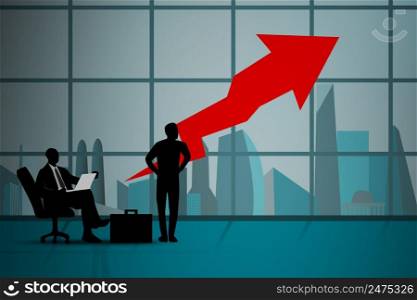 Businessman on the meeting room with arrow graphic. 3d rendering.