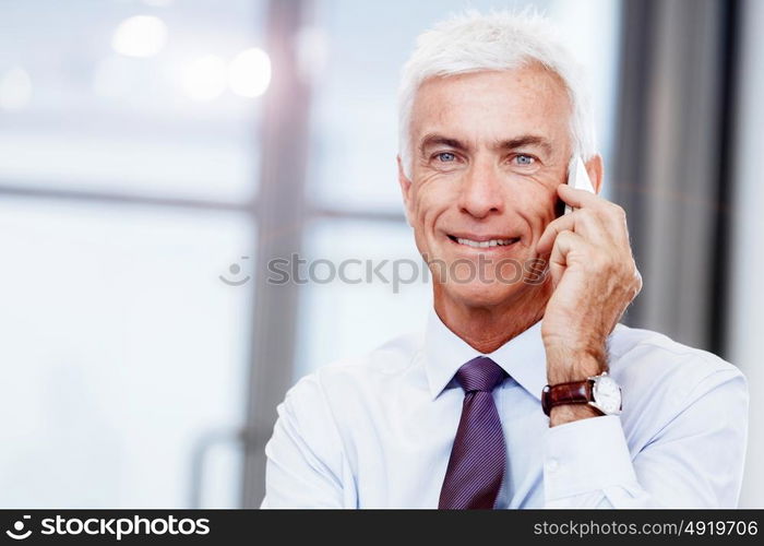 Businessman on the phone sitting at the computer in his office. Being connected and in touch