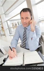 Businessman on the phone writing on agenda