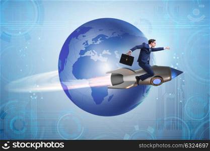 Businessman on the rocket in global business concept