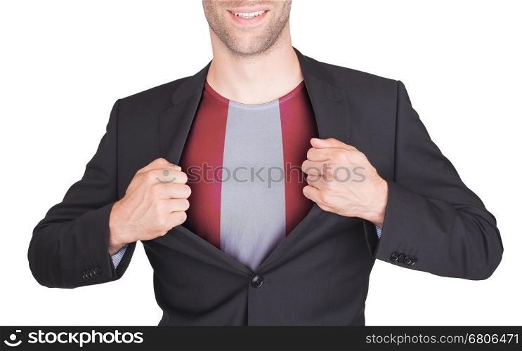 Businessman opening suit to reveal shirt with flag, Peru