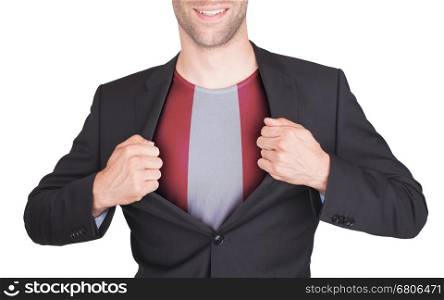 Businessman opening suit to reveal shirt with flag, Peru