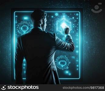 Businessman or Menager Pressing on Button of Digital Virtual Screen. AI generated Illustration.