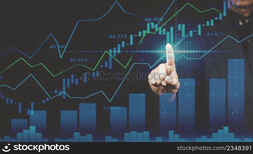 Businessman or merchant showing hologram stock with the direction of rising Finance concept, stock market, 