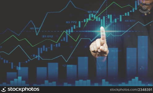 Businessman or merchant showing hologram stock with the direction of rising Finance concept, stock market, 