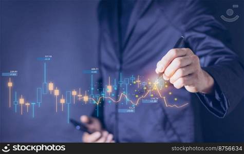 Businessman or trader touching showing a growing virtual hologram stock on smartphone, planning and strategy, Stock market, Business growth, progress or success concept. invest in trading.