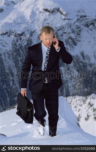 Businessman outdoors on snowy mountain using cellular phone