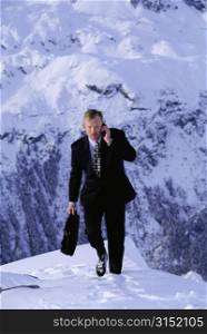 Businessman outdoors on snowy mountain using cellular phone