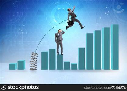 Businessman outperforming his competition jumping over. The businessman outperforming his competition jumping over
