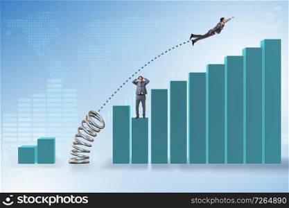 Businessman outperforming his competition jumping over. The businessman outperforming his competition jumping over