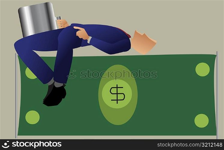 Businessman performing a high jump over a bank note