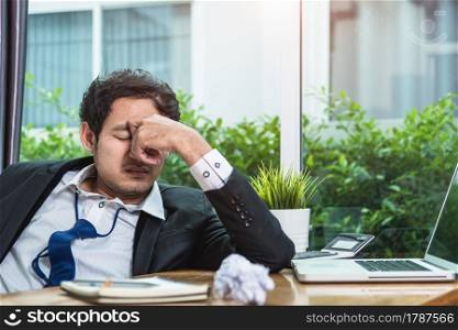 Businessman person in shirt sitting on desk strain worried depressed at office