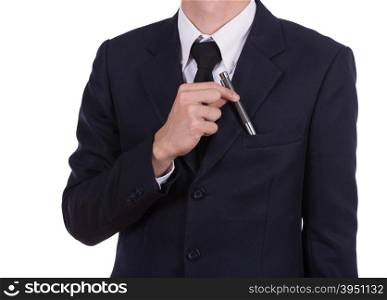 Businessman picking a pen from the pocket isolated on white background