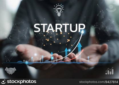 Businessman planning for startup success. Icon business and network connection on digital interface with graph chart of business growth. Investment and finance strategy for future growth