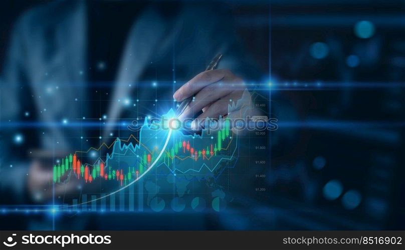 Businessman planning to invest in stock market. Businessman using pen touch virtual screen, stock graph is rising, economy is recovering, stock trading, bussiness start up, modern technology