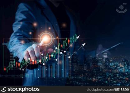 Businessman planning to invest in stock market. man touching success goals icon on virtual screen, stock graph is rising, economy is recovering, stock trading, bussiness start up, business success.