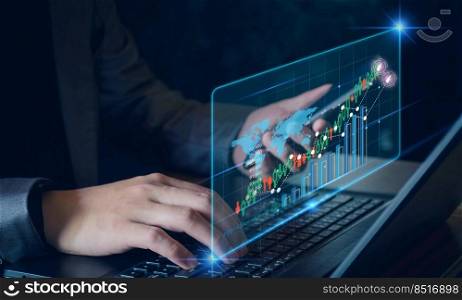 Businessman planning to invest in stock market. man using smart phone and computer check investment market trends, stock graph is rising, economy is recovering, stock trading, bussiness start up.