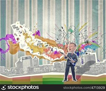 Businessman play guitar. Young businessman playing guitar at composite collage background