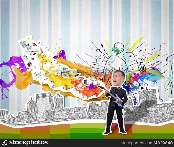 Businessman play guitar. Young businessman playing guitar at composite collage background