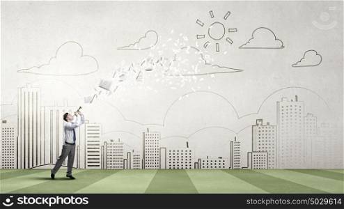 Businessman play pipe. Young businessman on cityscape background playing pipe