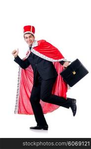 Businessman playing king isolated on white