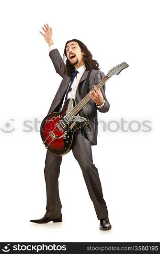 Businessman playing the guitar on white