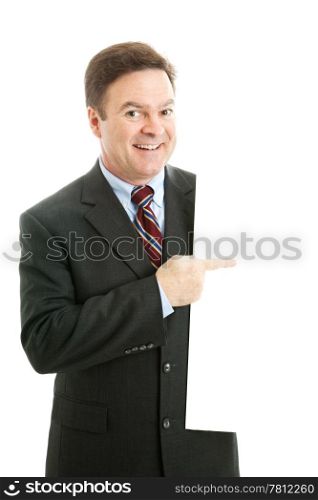 Businessman pointing at blank white space. Design element isolated.