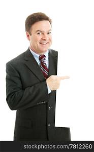Businessman pointing at blank white space. Design element isolated.