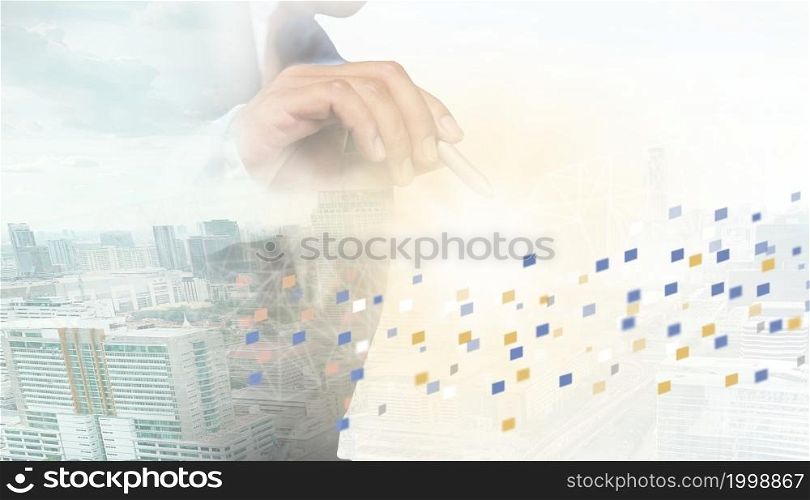 Businessman pointing out the concept of business planning to achieve corporate goals abstract mixed media.