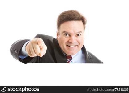 Businessman pointing over copyspace. Isolated on white.