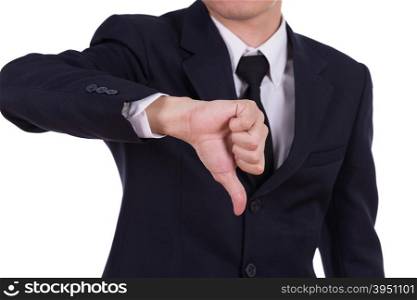 Businessman pointing thumbs down isolated on white background