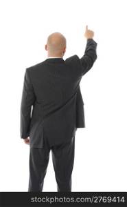 Businessman points hand up. Isolated on white background