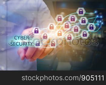 Businessman poiting cyber security text with lock icon.