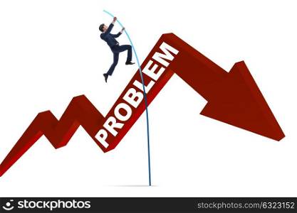 Businessman pole vaulting over problems in business concept
